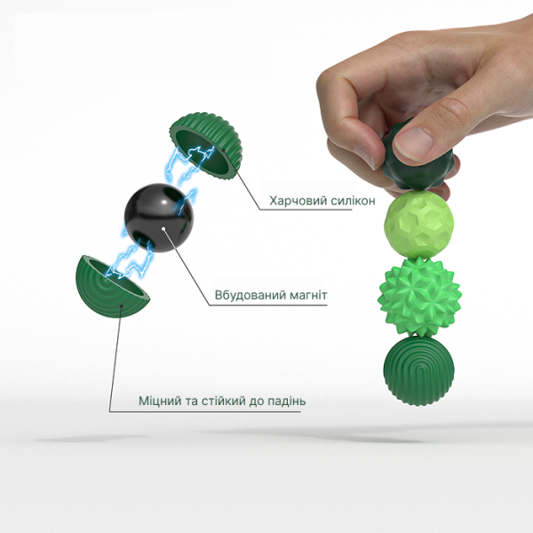 Сенсорные магнитные шарики, зелёный набор 8 шт, с чехлом, размер M 0.035x0.035 см