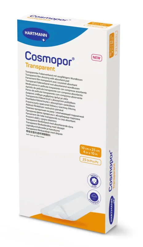 Пов’язка плівкова прозора з абсорбуючою подушечкою Cosmopor® Transparent 10см х 25см 1пов'язка Пов’язка плівкова прозора з абсорбуючою подушечкою Cosmopor® Transparent 10см х 25см 1пов'язка