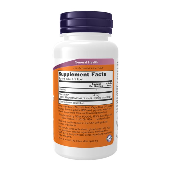 Astaxanthin 4 мг NOW — Потужний антиоксидант для клітинного захисту - 90 softgels