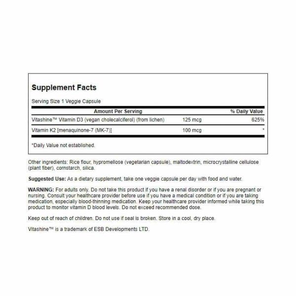 Swanson D3 + K2 – вітаміни для кісток, серця й імунітету у веганській формулі - 60 vcaps (До 09.25)