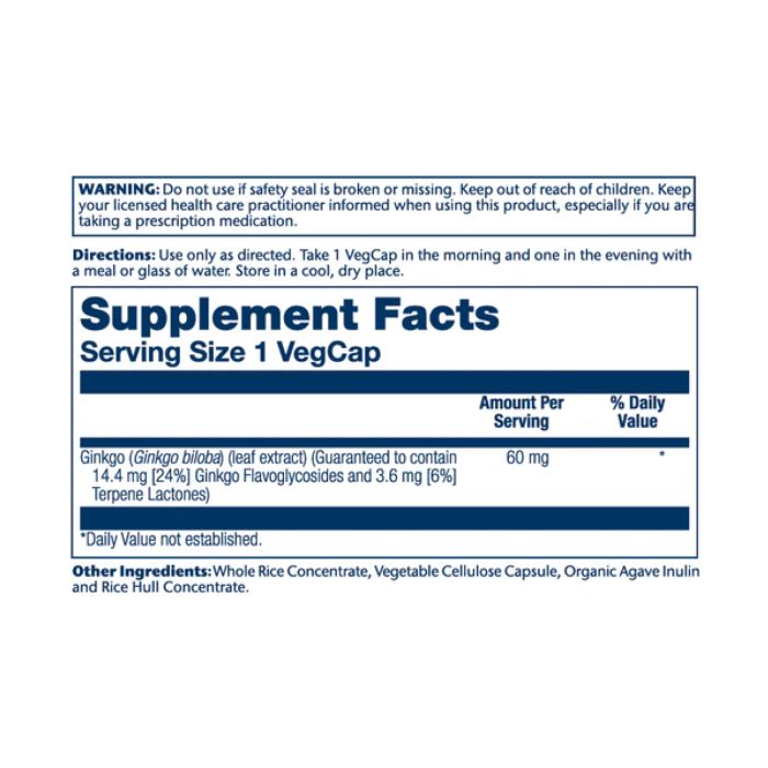 Ginkgo Biloba Leaf Extract 60 mg – 60 VegCaps для підтримки пам’яті, концентрації та здорового кровообігу