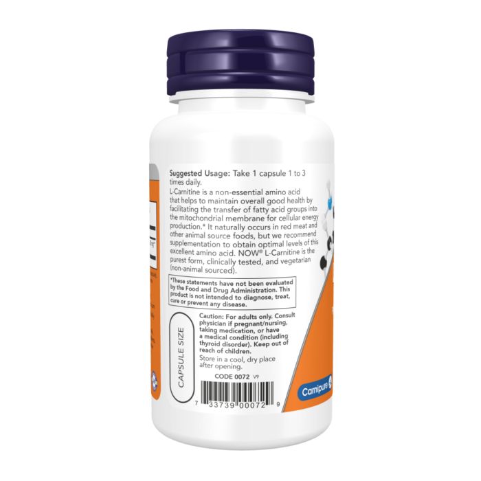 L-Carnitine 500 мг NOW — Підтримка енергії та фізичної форми - 60 vcaps