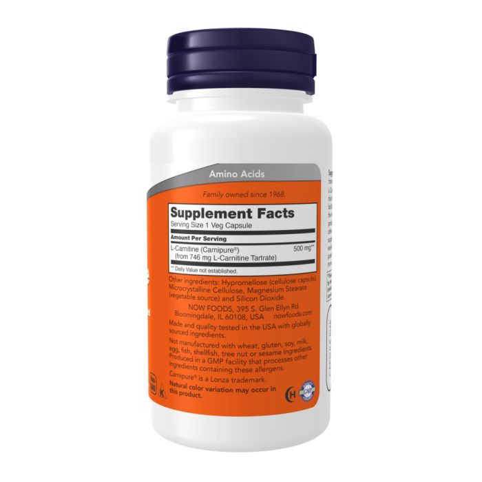 L-Carnitine 500 мг NOW — Підтримка енергії та фізичної форми - 60 vcaps