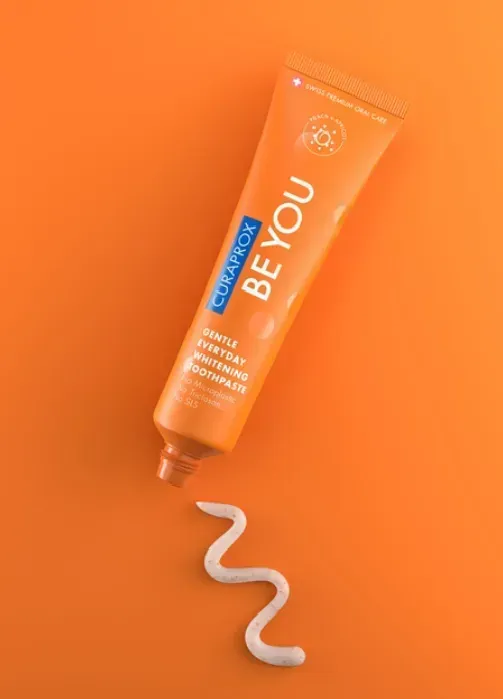 Освітлююча зубна паста Curaprox Be You Orange, жовтого кольору, 60 мл. , RDA - 50 Смак: Персик & Абрикос
