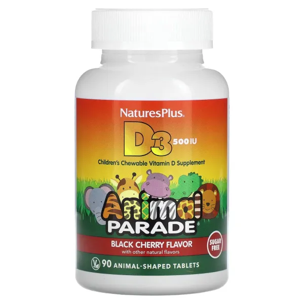 Вітамін D-3, Vitamin D 3, Nature's Plus, Animal Parade, смак чорної вишні, без цукру, 12,5 мкг (500 МО), 90 жувальних таблеток