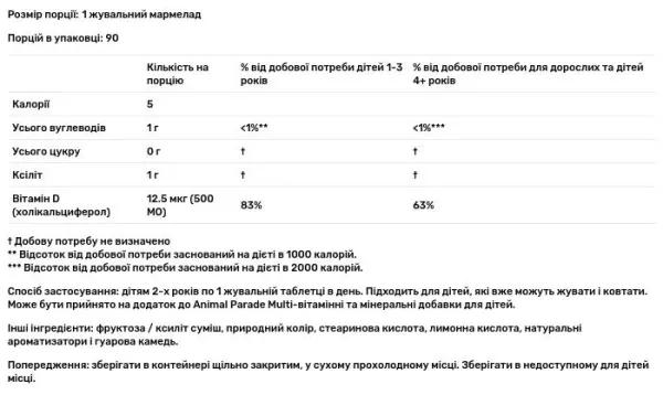 Вітамін D-3, Vitamin D 3, Nature's Plus, Animal Parade, смак чорної вишні, без цукру, 12,5 мкг (500 МО), 90 жувальних таблеток