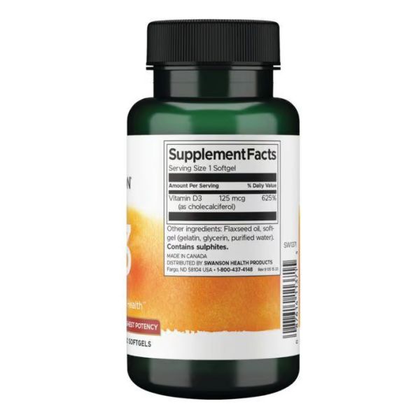 Swanson Вітамін D3 5000 МО – для кісток, імунітету та м’язової сили (125 mcg) - 250 sgels