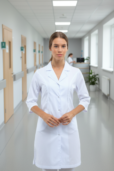 Намалюй цю жінку в цьому ж одязі: (Медичний халат 126 колір білий), в інтерєрі - в коридорі лікарні. Фото для інтернет магазину